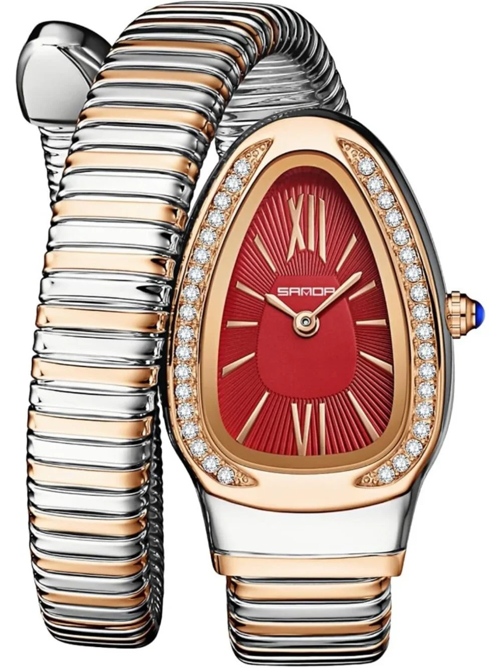 Women's Rose Red Silver Elegant Wrap Around Bangle Fashion Snake Cuff Wristwatch